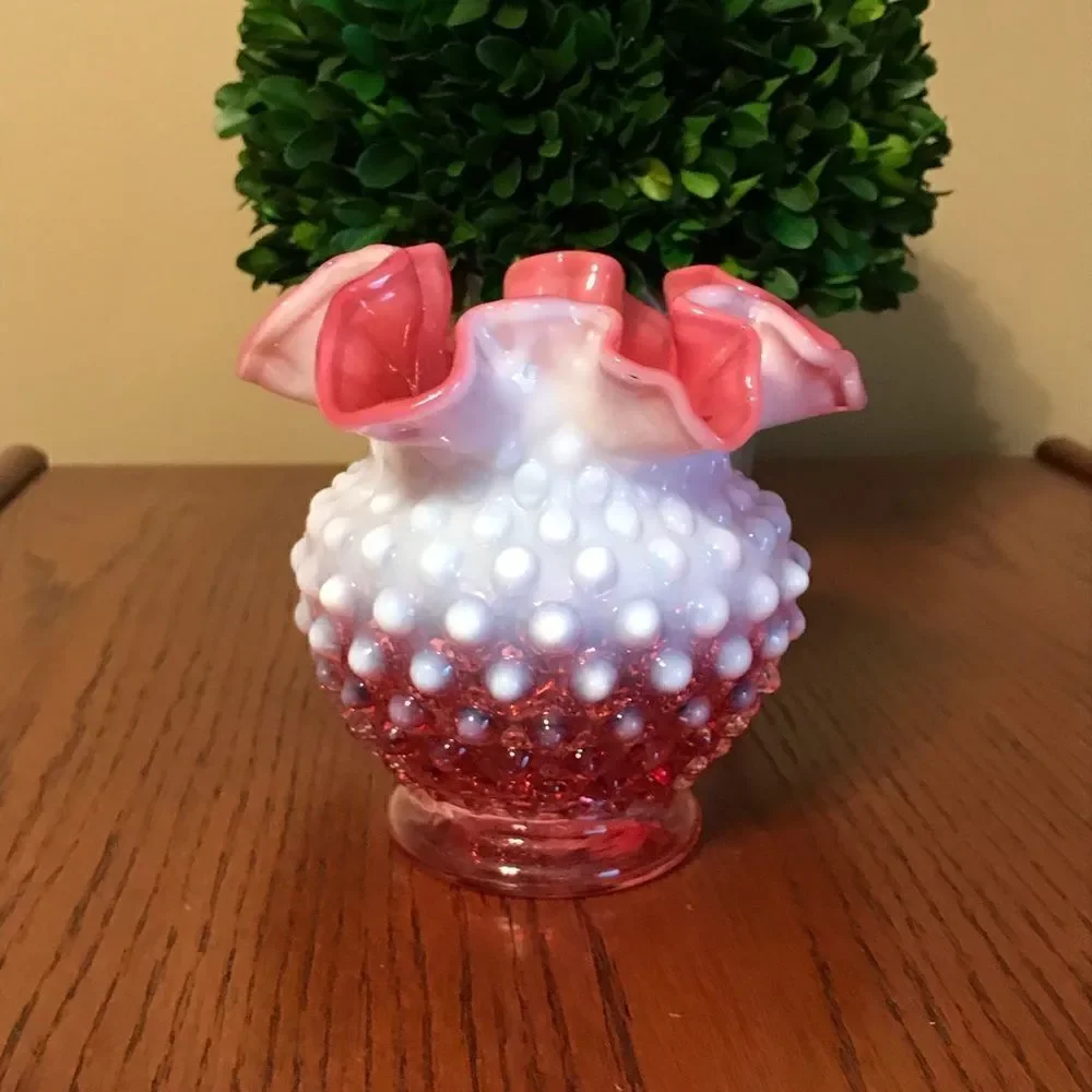 Vintage cranberry Fenton hobnail vase